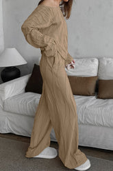 Texture Dropped Shoulder Long Sleeve Top and Pants Set OutfitFlow